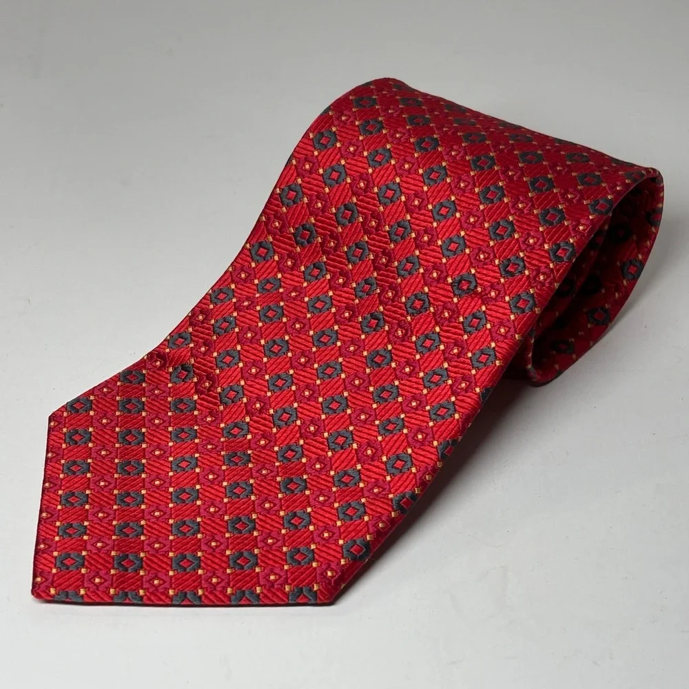 Daniel De Fasson Studio Tie Mens‎ OS Red Geometric Diamond 100% Silk